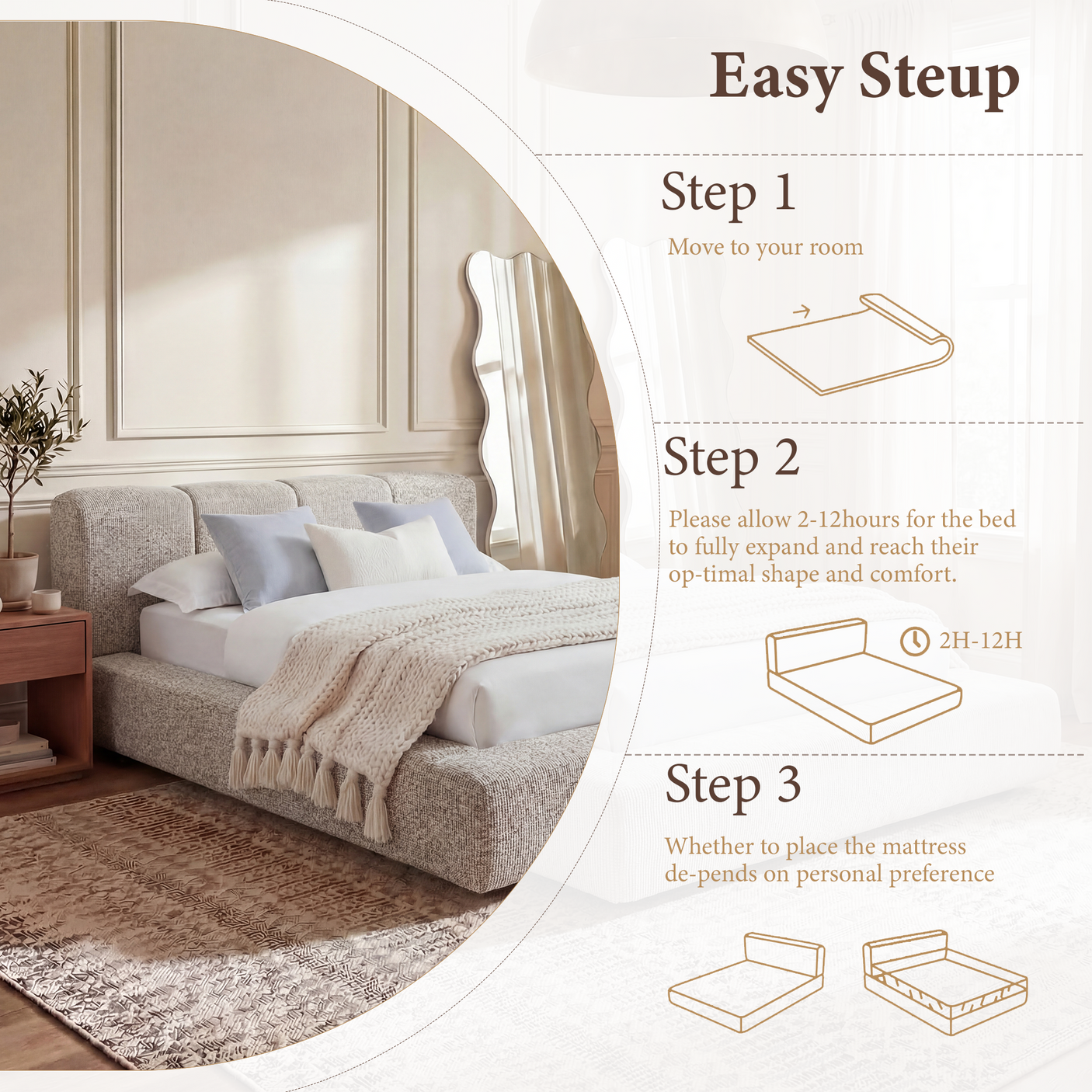 Cloud Bed Frame - Queen Upholstered Linen Platform Bed Frame, 1-Minute Tool-Free Setup, Modern Padded Headboard Mattress Foundation, Supportive Dual-Core Silent Bed Frame