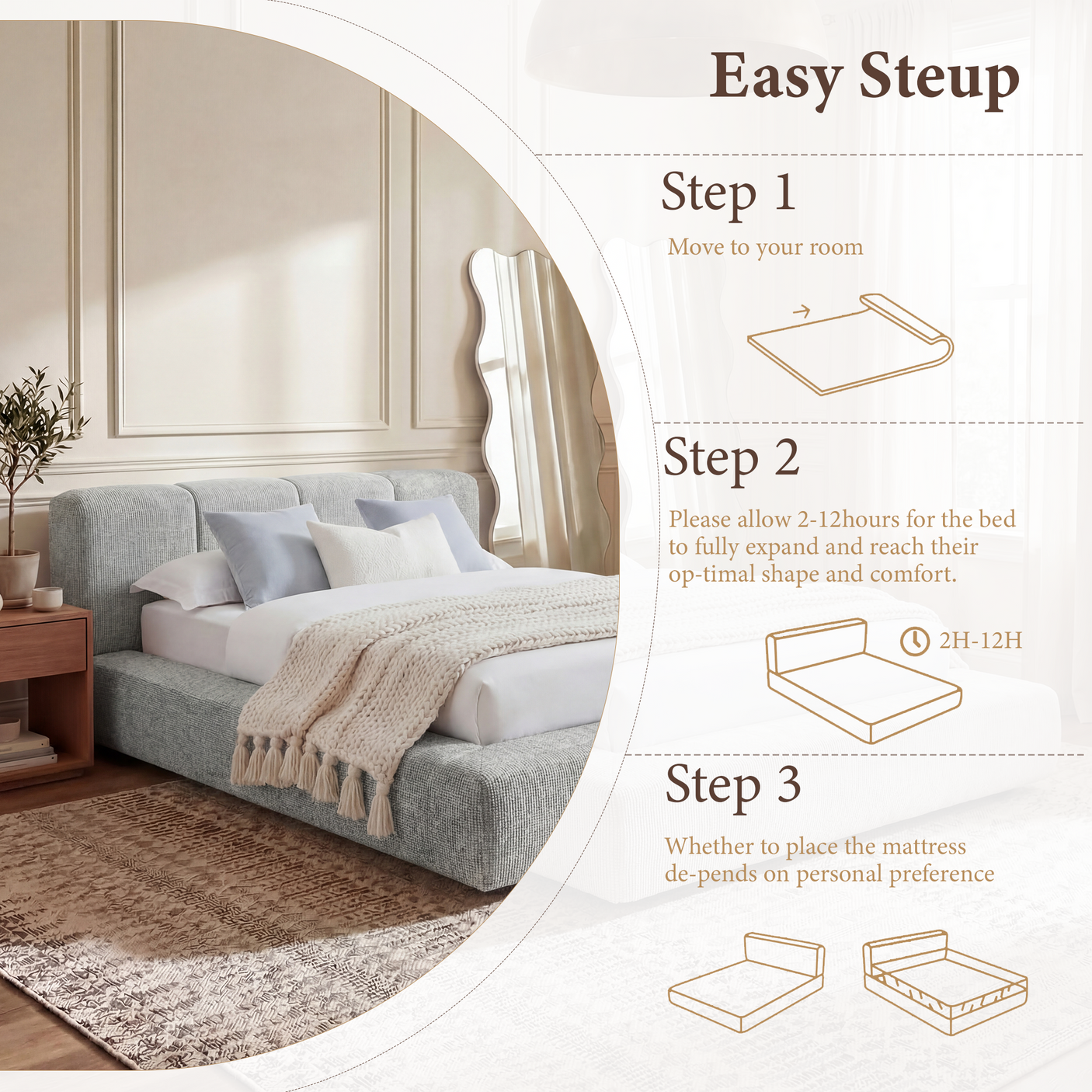 Cloud Bed Frame - Queen Upholstered Linen Platform Bed Frame, 1-Minute Tool-Free Setup, Modern Padded Headboard Mattress Foundation, Supportive Dual-Core Silent Bed Frame