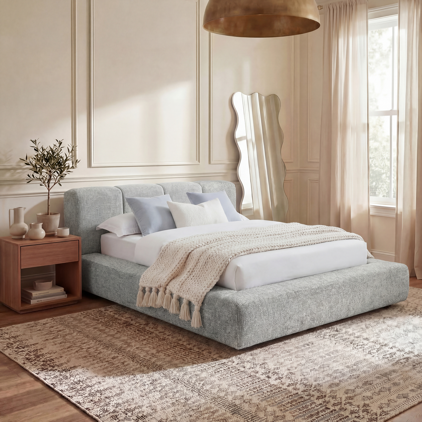 Cloud Bed Frame - Queen Upholstered Linen Platform Bed Frame, 1-Minute Tool-Free Setup, Modern Padded Headboard Mattress Foundation, Supportive Dual-Core Silent Bed Frame