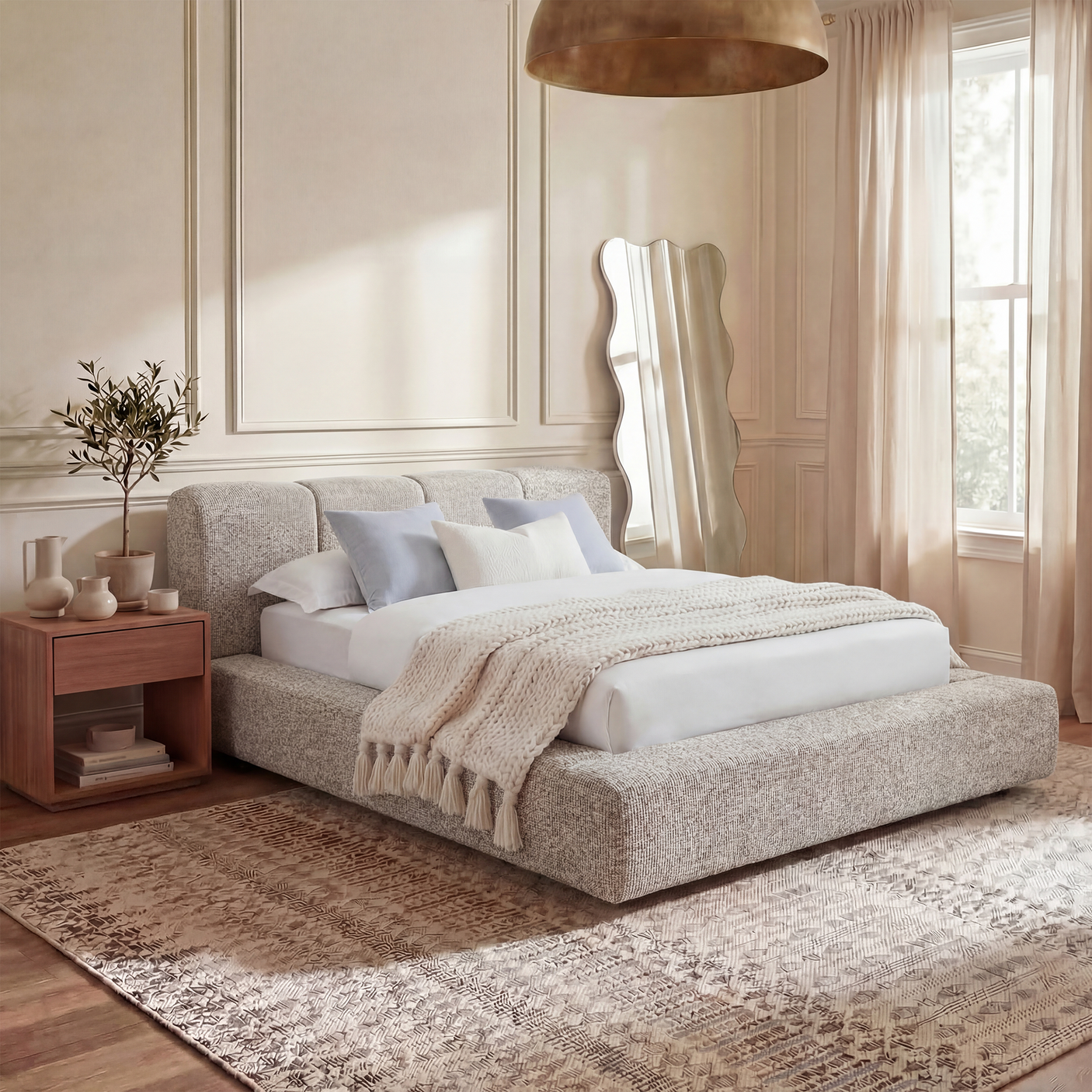 Cloud Bed Frame - Queen Upholstered Linen Platform Bed Frame, 1-Minute Tool-Free Setup, Modern Padded Headboard Mattress Foundation, Supportive Dual-Core Silent Bed Frame