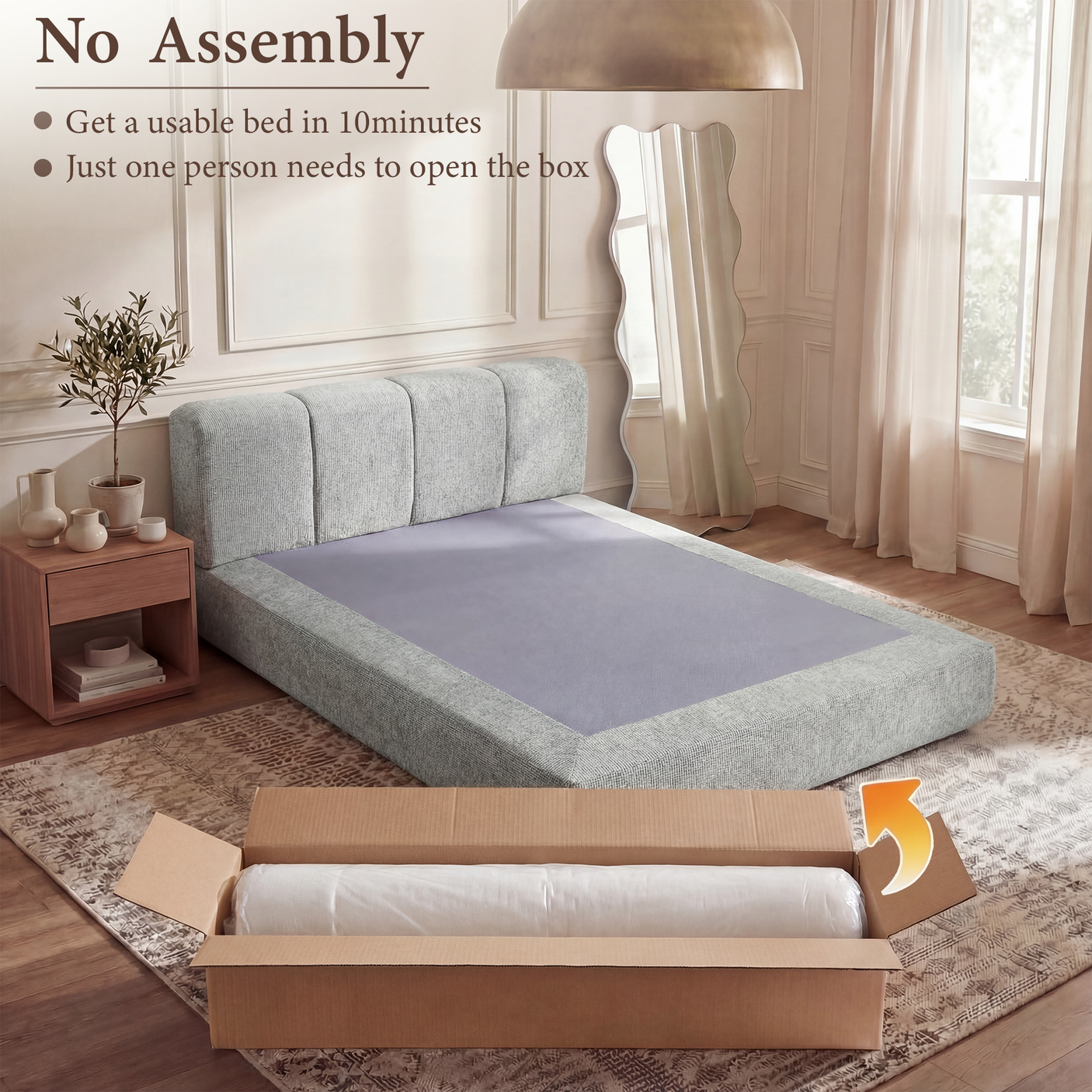 Cloud Bed Frame - Queen Upholstered Linen Platform Bed Frame, 1-Minute Tool-Free Setup, Modern Padded Headboard Mattress Foundation, Supportive Dual-Core Silent Bed Frame