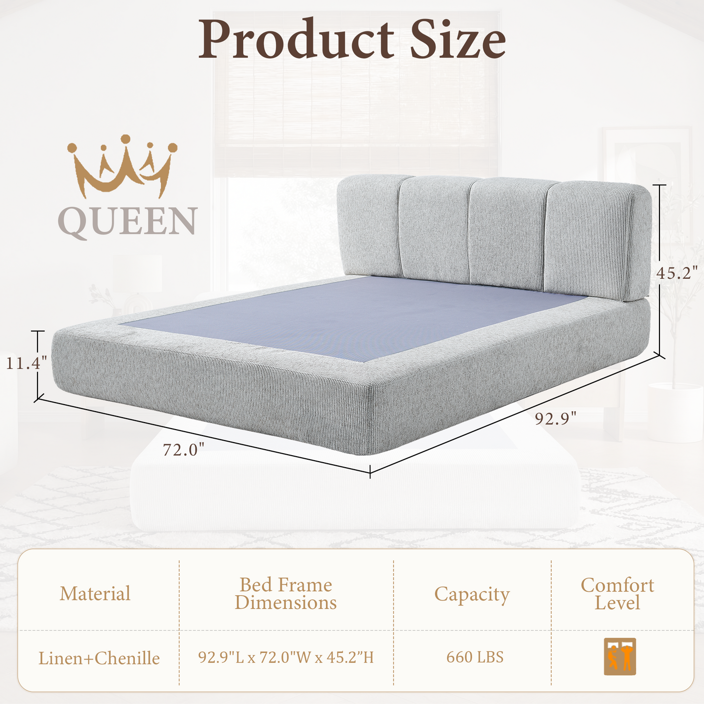 Cloud Bed Frame - Queen Upholstered Linen Platform Bed Frame, 1-Minute Tool-Free Setup, Modern Padded Headboard Mattress Foundation, Supportive Dual-Core Silent Bed Frame