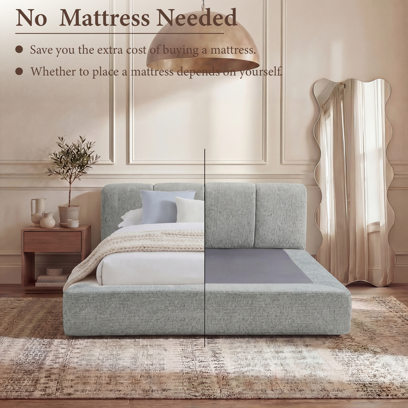 Cloud Bed Frame - Queen Upholstered Linen Platform Bed Frame, 1-Minute Tool-Free Setup, Modern Padded Headboard Mattress Foundation, Supportive Dual-Core Silent Bed Frame