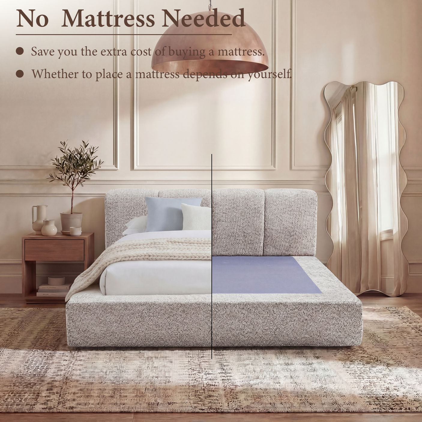 Cloud Bed Frame - Queen Upholstered Linen Platform Bed Frame, 1-Minute Tool-Free Setup, Modern Padded Headboard Mattress Foundation, Supportive Dual-Core Silent Bed Frame