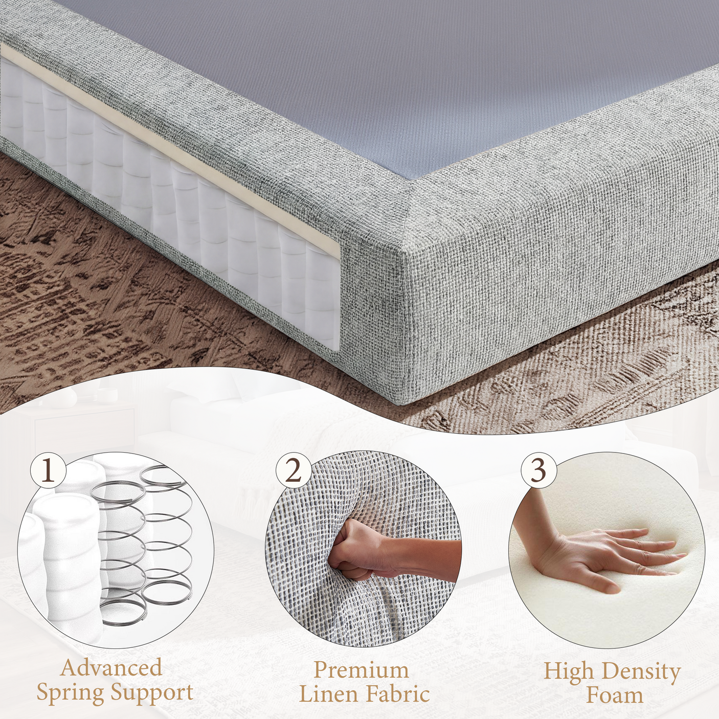 Cloud Bed Frame - Queen Upholstered Linen Platform Bed Frame, 1-Minute Tool-Free Setup, Modern Padded Headboard Mattress Foundation, Supportive Dual-Core Silent Bed Frame