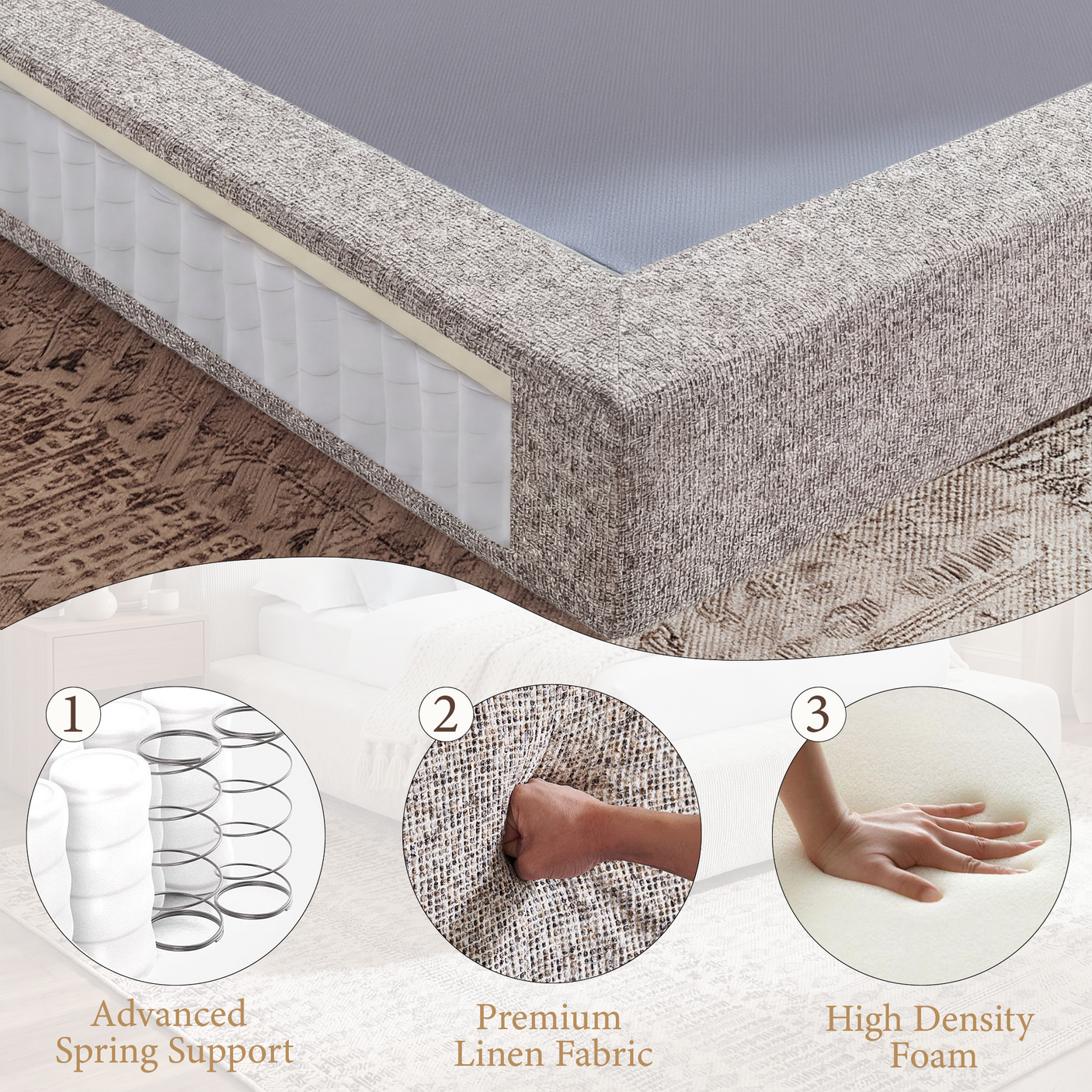 Cloud Bed Frame - Queen Upholstered Linen Platform Bed Frame, 1-Minute Tool-Free Setup, Modern Padded Headboard Mattress Foundation, Supportive Dual-Core Silent Bed Frame