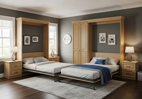 Illustration depicting the challenges of shared bedrooms, including limited space, privacy issues, and clashing schedules, with a focus on transforming the room using innovative horizontal Murphy beds for better harmony and functionality.