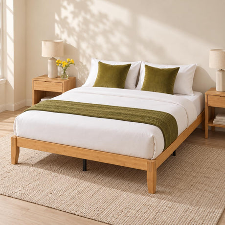 Yechen solid bamboo Japanese joinery platform bed in a bright bedroom with white bedding