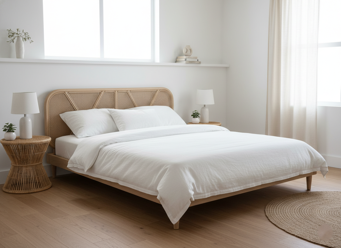 A modern platform rattan bed frame with a natural cane headboard, set in a serene, minimalist bedroom with clean lines.