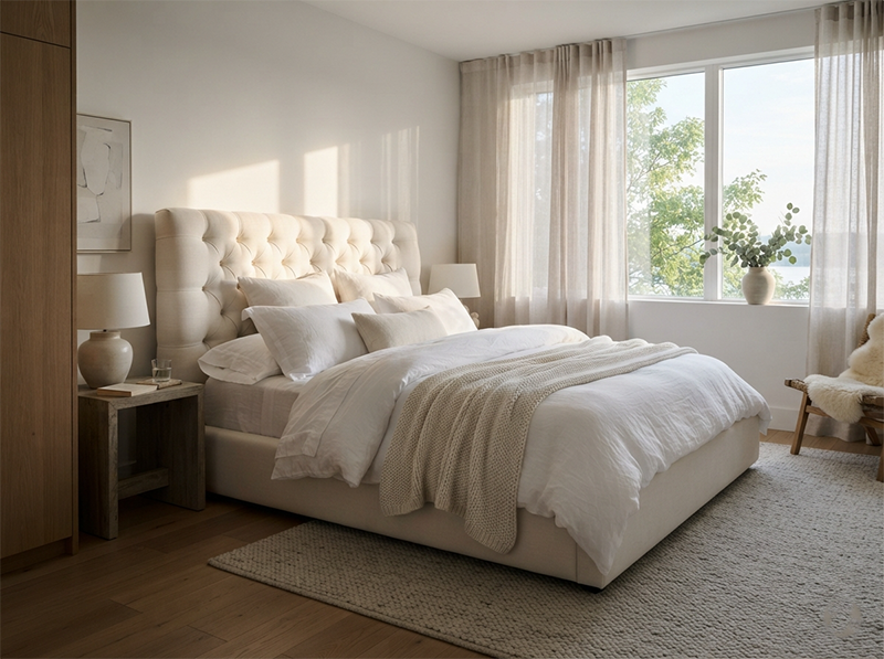A beautifully styled cloud bed with a thick, plush white mattress and fluffy pillows in a sunlit modern bedroom.