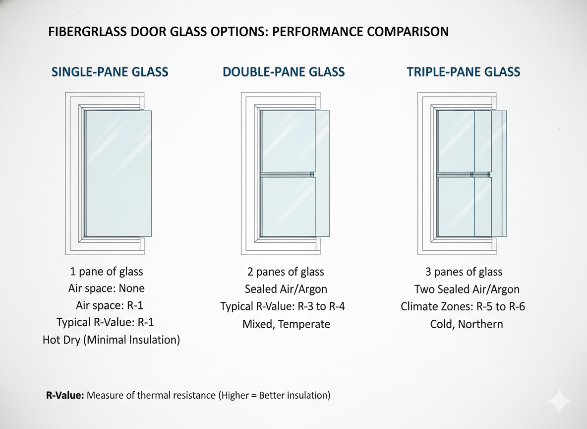 Fiberglass door glass options comparison chart showing single-pane, double-pane, and triple-pane glass configurations for different climate zones with R-value performance metrics