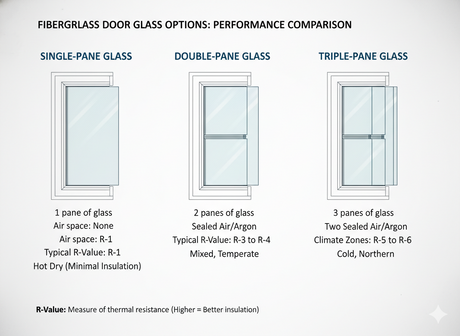 Fiberglass door glass options comparison chart showing single-pane, double-pane, and triple-pane glass configurations for different climate zones with R-value performance metrics