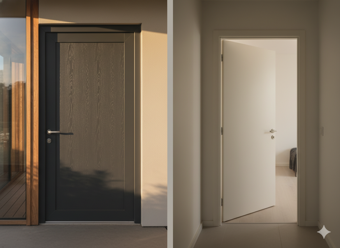 Side-by-side comparison of a charcoal fiberglass exterior door in a sunlit  home entryway versus a white WPC interior door in a minimalist hallway,  illustrating material and application differences
