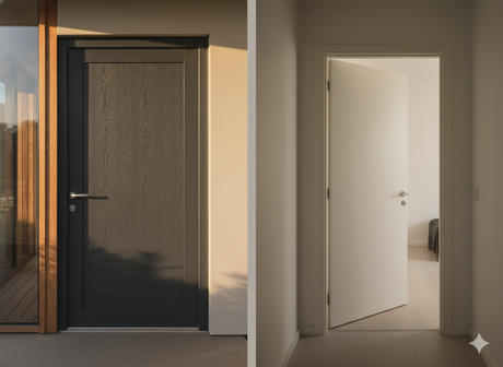 Side-by-side comparison of a charcoal fiberglass exterior door in a sunlit  home entryway versus a white WPC interior door in a minimalist hallway,  illustrating material and application differences