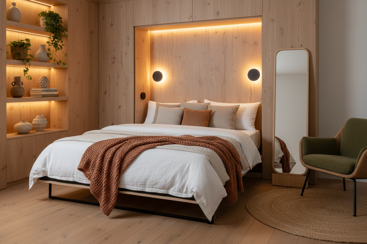 A person sleeping peacefully in a comfortable, high-quality Murphy bed in a beautifully designed modern bedroom, conveying durability and suitability for everyday use.