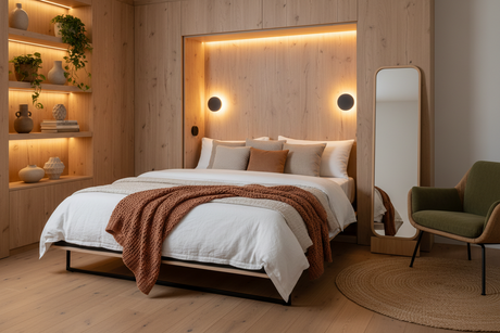 A person sleeping peacefully in a comfortable, high-quality Murphy bed in a beautifully designed modern bedroom, conveying durability and suitability for everyday use.