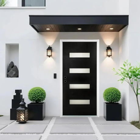 Modern black fiberglass entry door with glass