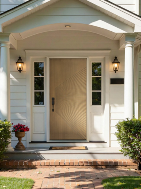 Luxury fiberglass entry door with double sidelites and decorative glass, showcasing a mahogany wood grain finish and premium curb appeal.
