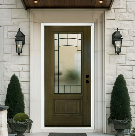 Classic traditional mahogany fiberglass entry door with decorative beveled glass and double sidelites, showcasing premium wood grain texture and elegant curb appeal.