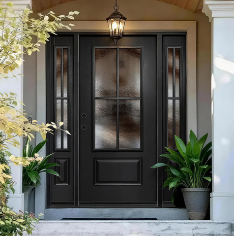 Modern black fiberglass entry door with 4-light flush-glazed glass panels, perfect for maximizing natural light in contemporary homes.