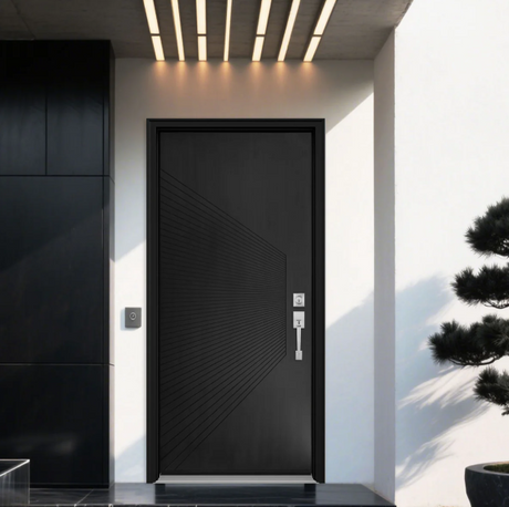 Minimalist solid panel fiberglass entry door with a sleek matte black finish, featuring contemporary linear accents for high-security and modern curb appeal.