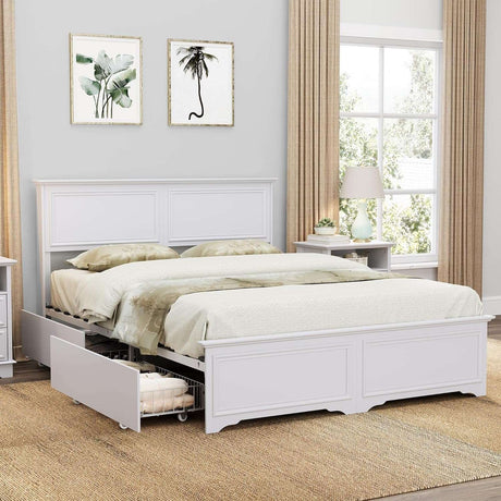 Farmhouse Queen Size Bed Frame with 4 Storage Drawers
