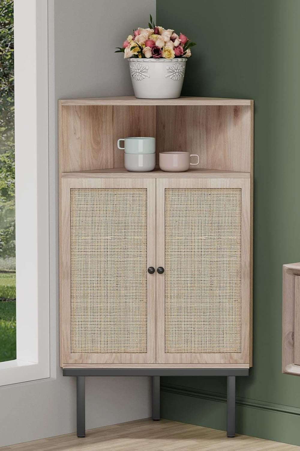 4-Tier Rattan Doors Corner Storage Cabinet