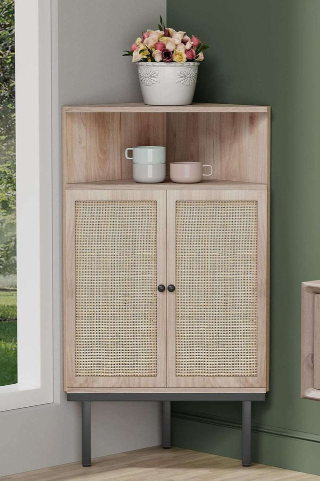 4-Tier Rattan Doors Corner Storage Cabinet