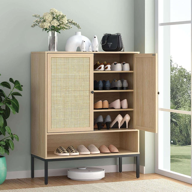 5-Tier Natural Rattan Entryway Shoe Storage Cabinet with Doors