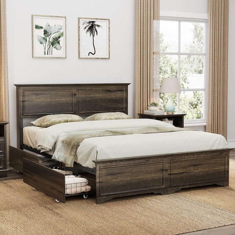 Farmhouse Queen Size Bed Frame with 4 Storage Drawers