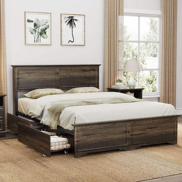 Farmhouse Queen Size Bed Frame with 4 Storage Drawers