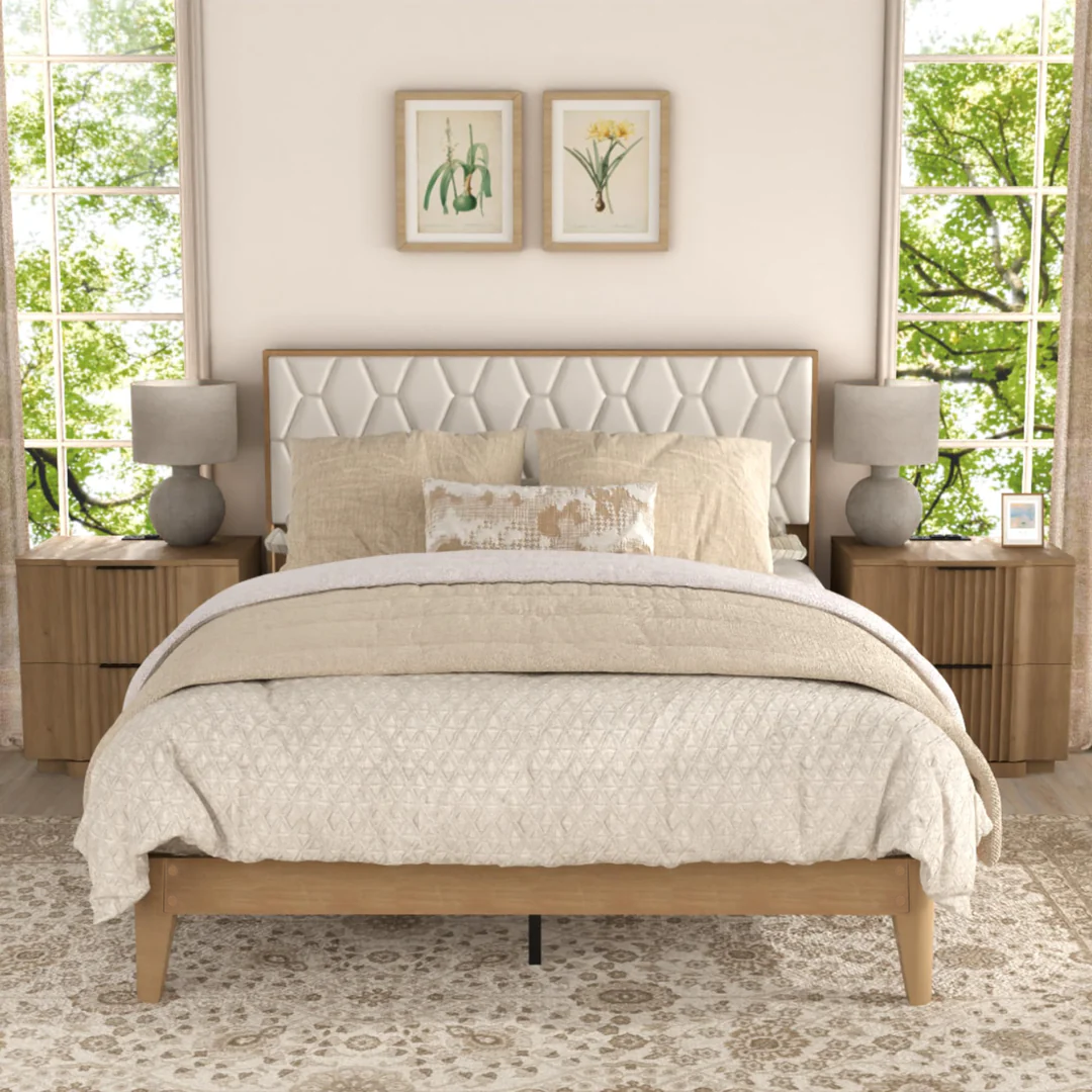 Yechen Diamond Headboard Platform Bed Frame | Boho Wood-Look, No Box Spring Needed