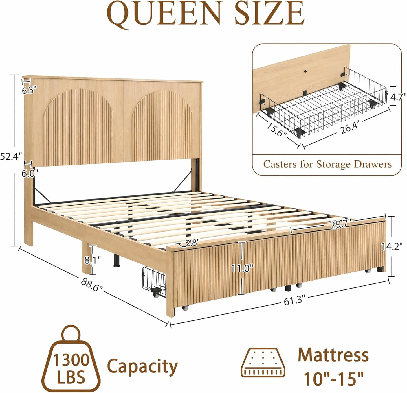 Arched Reeded Wood Bed Frame with Storage Drawers | No Box Spring | Full Queen King