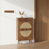 Natural Rattan Shoe Cabinet – Walnut Finish | Boho Entryway Organizer for 8–12 Pairs