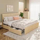 Boho Natural Rattan Headboard Bed Frame with 4 Drawers