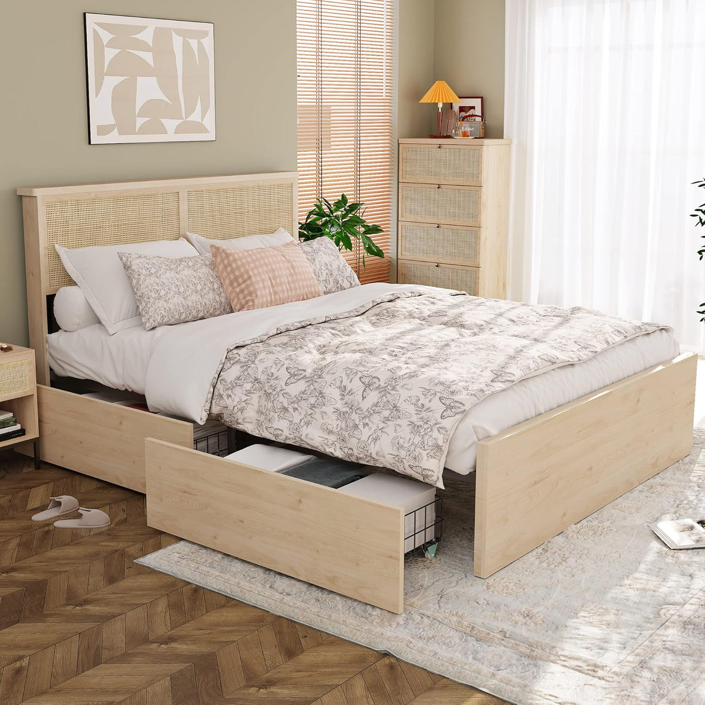 Boho Natural Rattan Headboard Bed Frame with 4 Drawers