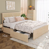 Boho Natural Rattan Headboard Bed Frame with 4 Drawers