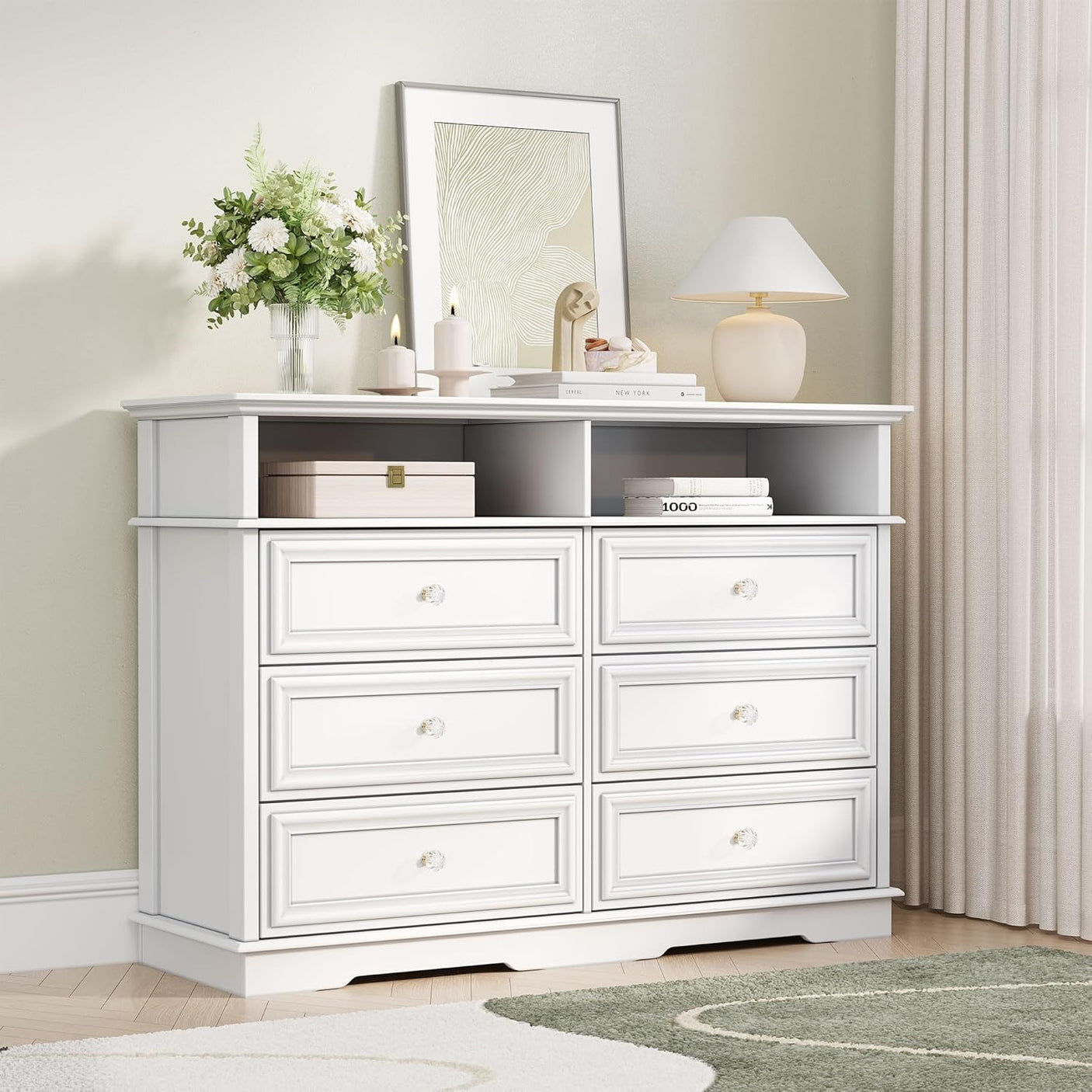 Rustic 6 Drawer Open Shelves Dresser
