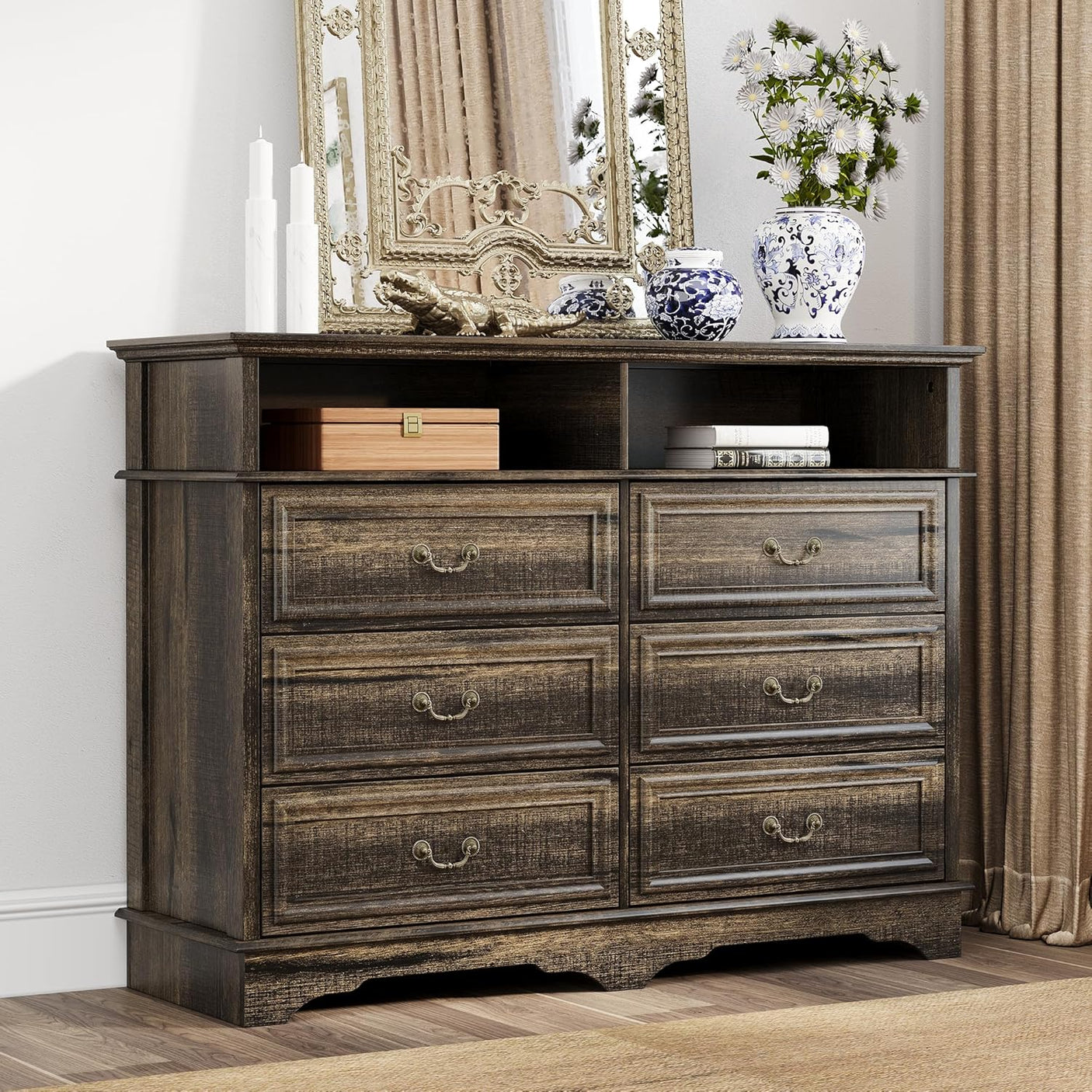 Rustic 6 Drawer Open Shelves Dresser