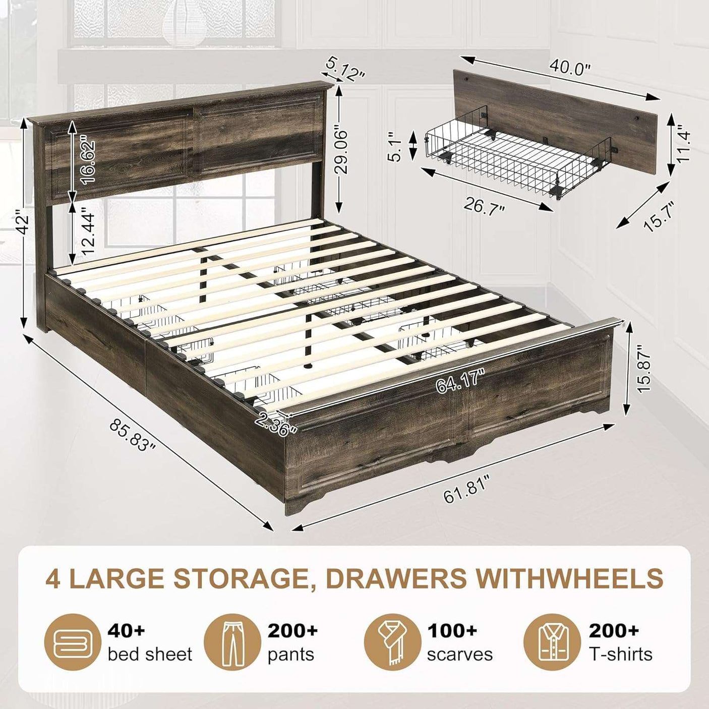 Farmhouse Queen Size Bed Frame with 4 Storage Drawers