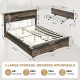 Farmhouse Queen Size Bed Frame with 4 Storage Drawers