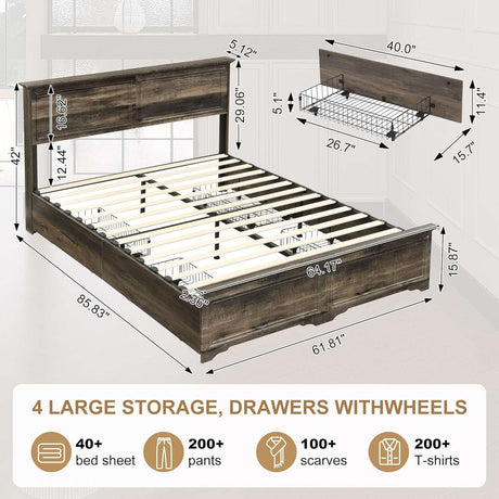Farmhouse Queen Size Bed Frame with 4 Storage Drawers