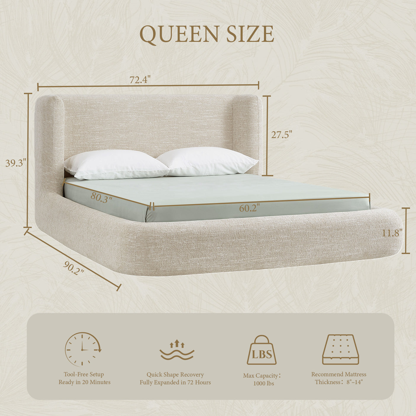 YECHEN Queen Cloud Bed Frame - Modern Upholstered Platform Bed with Curved Headboard, Water-Resistant Bouclé Fabric, Tool-Free Assembly, No Box Spring Needed