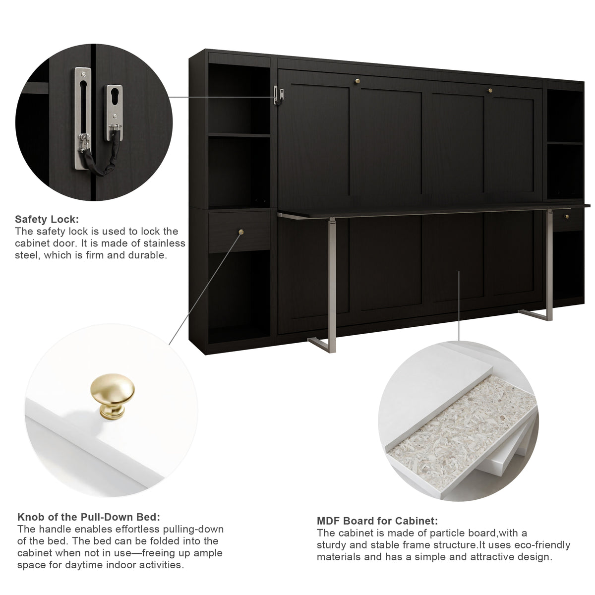 Queen Horizontal Murphy Bed with Desk & Storage – Black