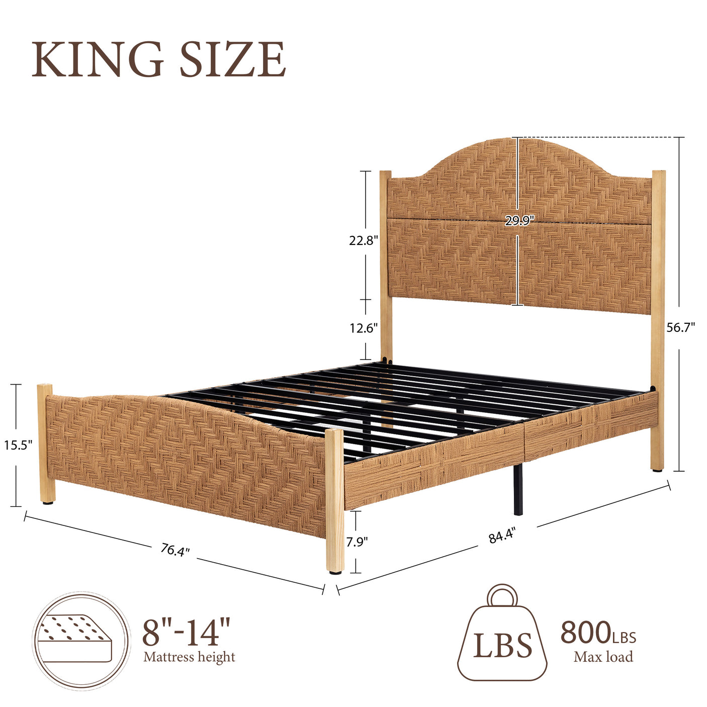 Yechen Rattan Bed Frame | Boho Tall Headboard with Solid Wood Legs