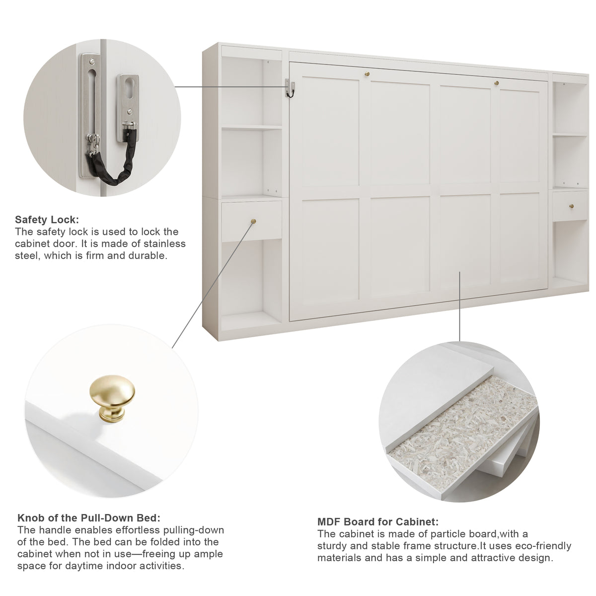 Queen Horizontal Murphy Bed with Storage Cabinets – White