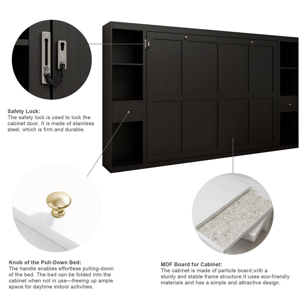 Queen Horizontal Murphy Bed with Storage Cabinets – Black
