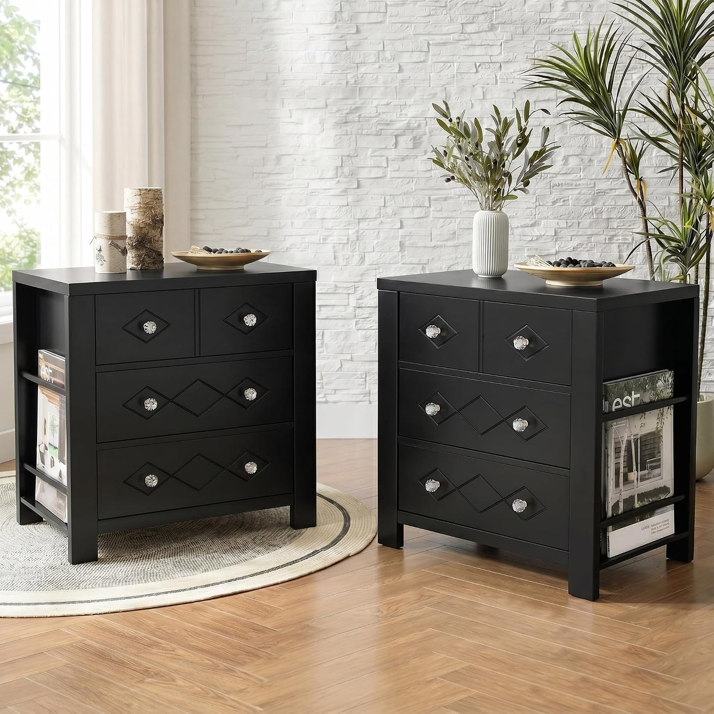 Yechen 3-Drawer Nightstand with USB-C & AC Outlets | Crystal Handles | White & Black