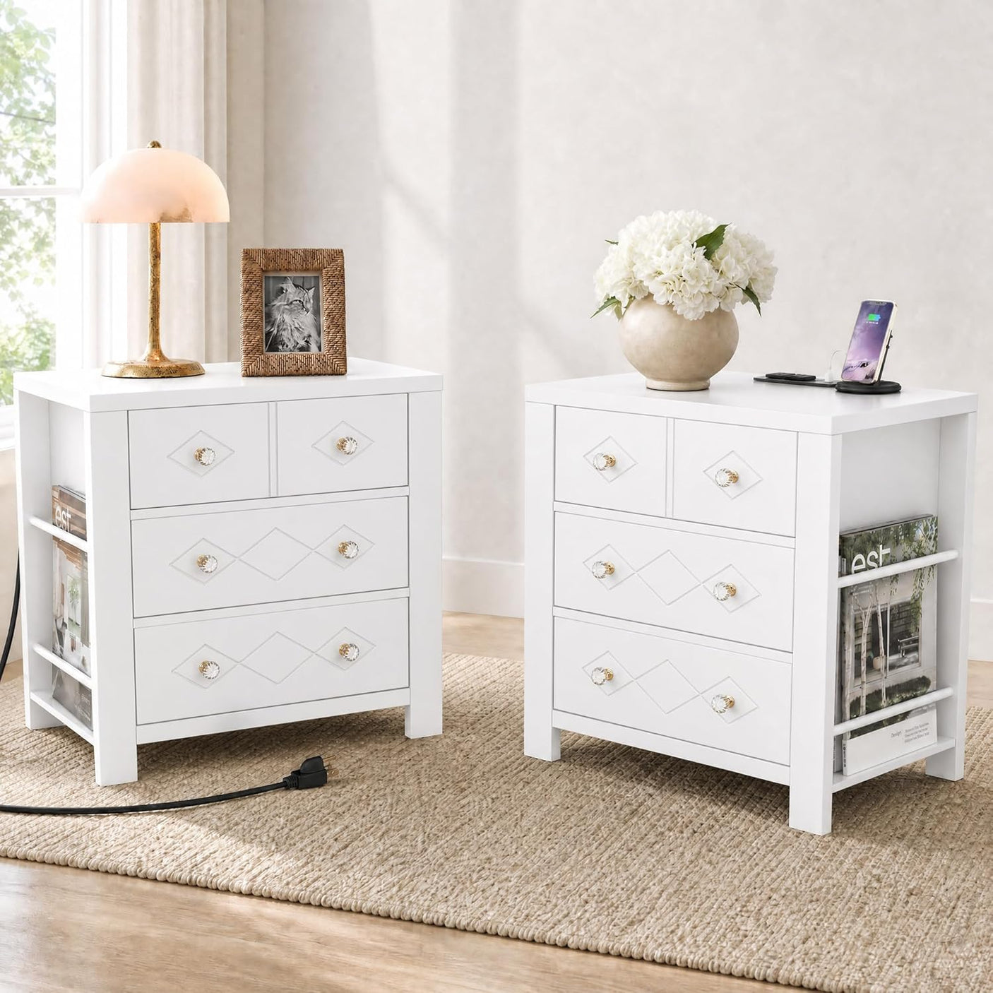 Yechen 3-Drawer Nightstand with USB-C & AC Outlets | Crystal Handles | White & Black