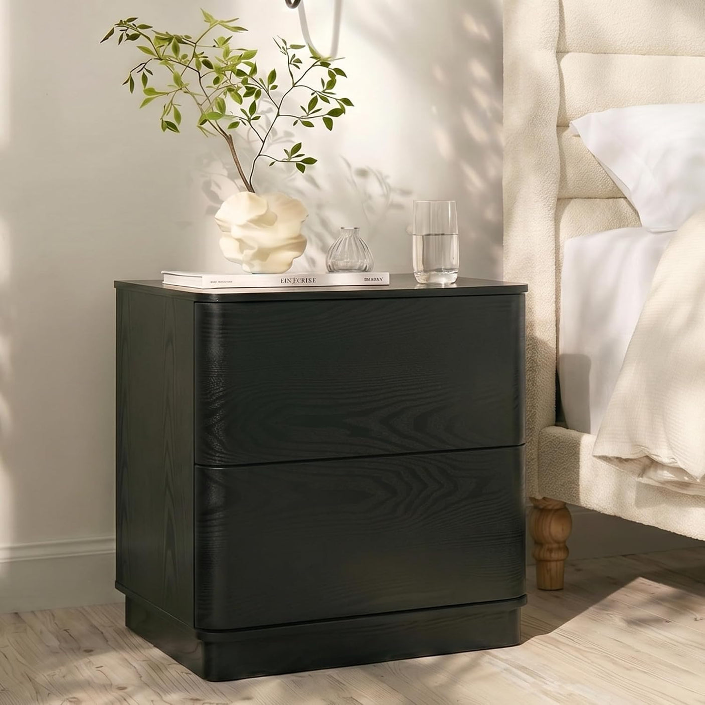 Nightstand with 2 Push to Open Drawers & Hidden Compartment | 22'' Curved Bedside Table | Mid-Century Modern